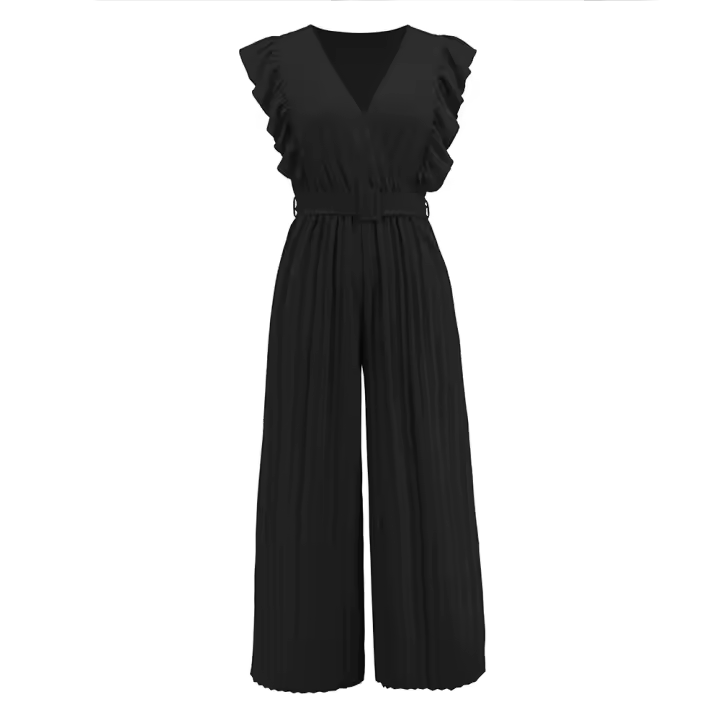 Women's High Waist Jumpsuit 2024 V Neck Sleeveless Pleated Wide Skirt - 1