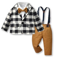 Conjunto de tres piezas para niños: blazer a cuadros, vestido tipo cárdigan de algodón de manga larga y pantalones con tirantes. - details 4