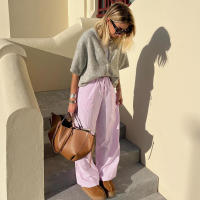 BUNO-Pantalones de encaje a rayas para mujer, Pantalones rectos de pierna ancha con cintura elástica y cordón, ropa de calle holgada para primavera y verano, pantalones de chándal informales - details 19