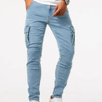 Jeans de Cargo de Denim Pantalones Casuales para Hombres de Cintura Media, Ajuste Delgado, Múltiples Bolsillos, Color Sólido - details 3