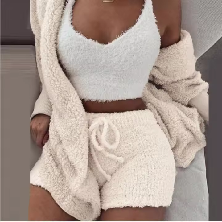 Suéter para mujer, artículos para el hogar, pijama informal de 3 piezas, chaleco de manga larga con ombligo, ribete de pantalones cortos, invierno - 1