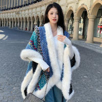 Chaleco de poncho para mujer con borlas de piel sintética abrigo cardigan de punto grueso con bloque de color para otoño e invierno material acrílico - details 0