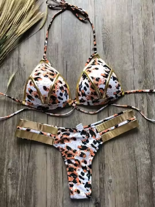 Conjunto de Bikini Dorado con Estampado Traje de Baño Sexy para Mujer Moda de Playa Verano 2025 - 1