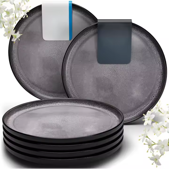‎ 26 x 26 x 2 cm Juego de 6 Platos Grandes de Gres - Elegantes Platos para Comida, Apto para Lavavajillas y Microondas - Set de Vajilla para 6 Personas - Pure Living en gris oscuro - 1