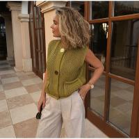 Chaleco de punto con cuello redondo para mujer, cárdigan elegante sin mangas con bolsillo y botones, color verde, moda de otoño - details 11