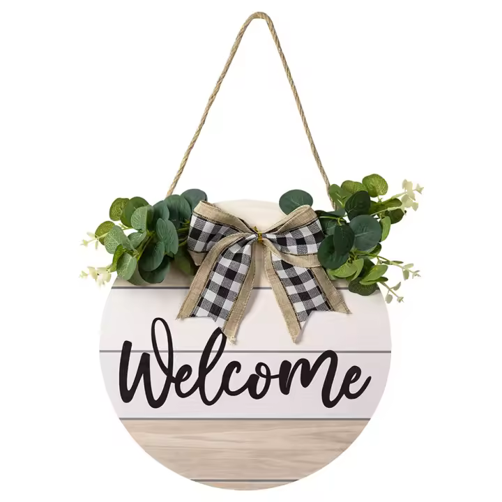 Letrero de bienvenida para puerta delantera, guirnalda de arco de hoja verde brillante, decoración de pared de madera redonda rústica para granja, porche, puerta - 1
