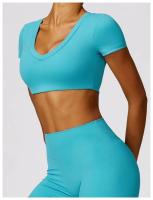 Conjunto de mallas de yoga, top, conjunto deportivo Fiess de manga corta, material de nailon para mujer, patrón sólido adaptable para primavera/verano - details 3