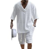 Conjunto de pantalones cortos informales para hombre, ropa de dos piezas de Jacquard, camiseta de manga corta con cuello en V y pantalones cortos, ropa de calle holgada, verano 2025 - details 0