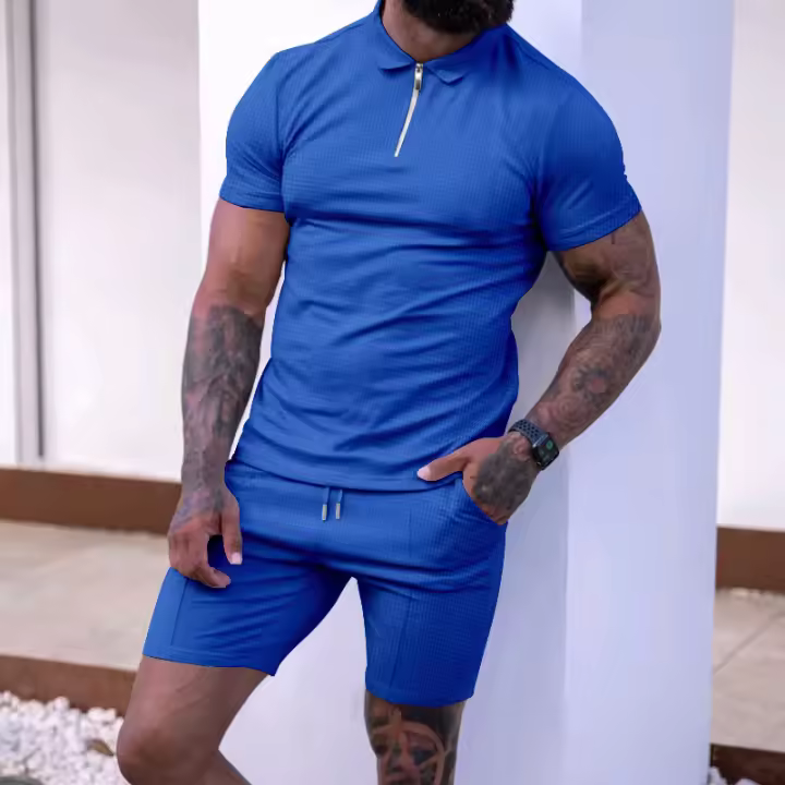 Verano de los hombres nuevo conjunto de pantalones cortos de manga corta Conjunto de manga corta Polo con cremallera de solapa para hombres europeos y americanos - 1