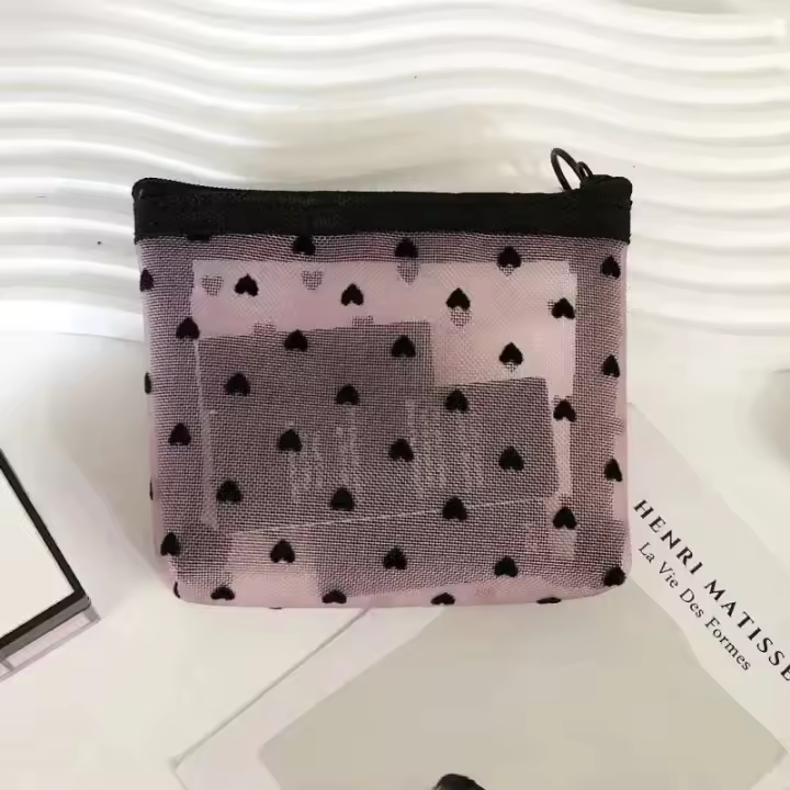Bolsa con cierre de malla de nailon para cosméticos, organizador de artículos de tocador en forma de corazón, bolsas de maquillaje, multifuncional, lápiz labial, monedero - 1