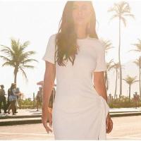 Vestido Midi con abertura en la cintura para mujer, traje Sexy de manga corta con cuello redondo, color liso, para vacaciones - details 8