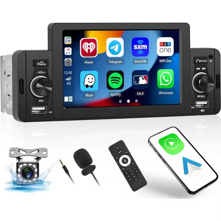 CAMECHO Radio de Coche 1 DIN con Carplay Android Auto Pantalla de 5 Pulgadas Radio de Coche Single DIN con Bluetooth/USB/F - 1