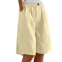 Pantalones Cortos de Lino y Algodón para Mujer Color Sólido, Cintura Suelta, Bolsillo, Botón, Moda Casual - details 7