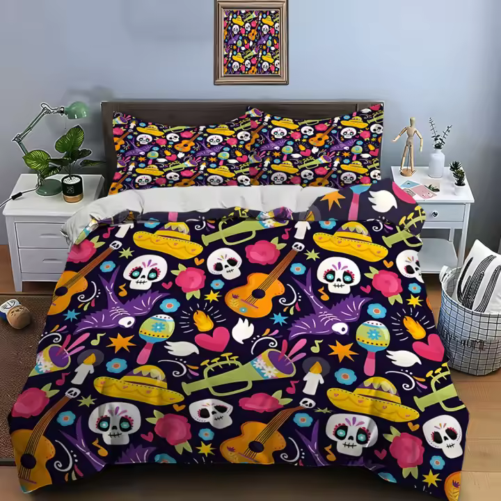 Juego de Ropa de Cama de Lujo Estilo Mexicano Calavera Guitarra Conjunto de Cama para Adultos y Niños Funda de Edredón de Poliéster Fundas de Almohadas - 1