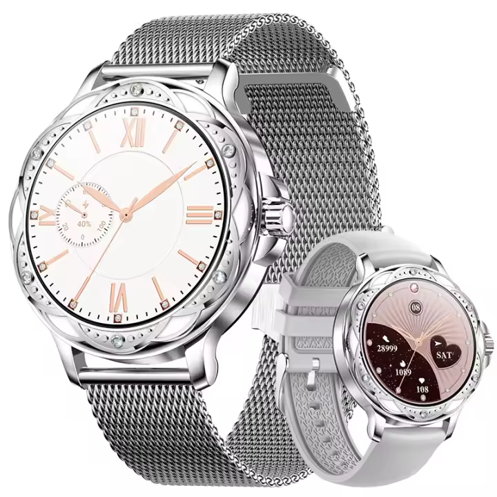 PORCHEDDU 2024 Reloj Inteligente Mujer, 1,2 "Deportivo Smartwatch con 100 Deportivo, Recibir y Contestar Llamadas, Podómetro y Pulsómetro, IP67 Impermeable, Compatible con Android iPhone, Correa Dobles - Acero y Silicona - 1