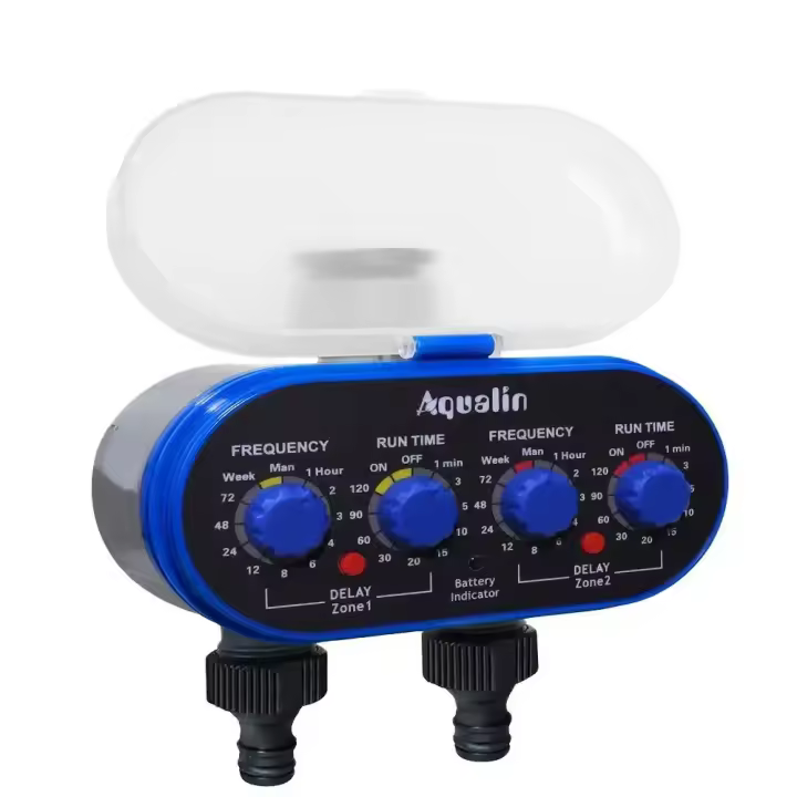 Temporizador de agua actualizado de dos salidas y cuatro esferas con orificio para sensor de lluvia Sistema de riego de jardín con función de retardo para jardín, patio - 1