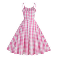 Hepburn-Vestido vintage a cuadros rosas, cuello halter de rayas de cintura alta, largo medio - details 2