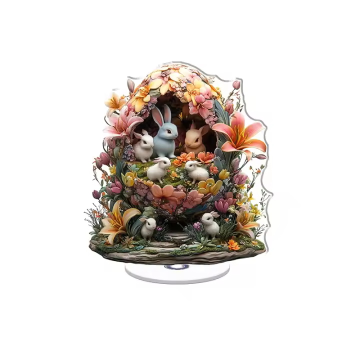 La exhibición acrílica giratoria presenta un pedestal vibrante de lirios con un huevo colorido que muestra conejos, corderos y pollitos juguetones con detalles intrincados. - 1