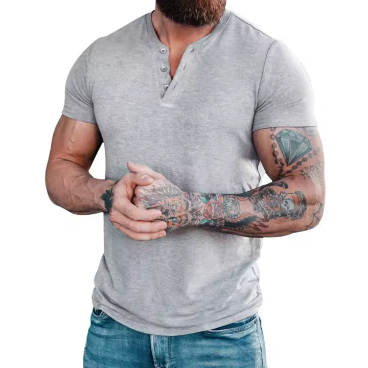 Camiseta de manga corta Henley para hombre, camisa informal de algodón, gris claro, M-6XL - 1