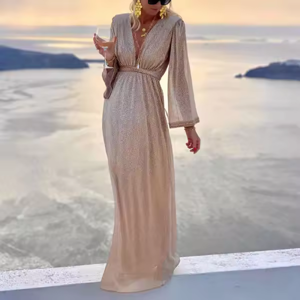 Vestido de lentejuelas con cuello en V y manga larga de color albaricoque a la moda para mujer - 1