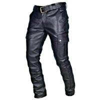 Pantalones de Moto de Cuero para Hombre Estilo Cargo con Bolsillos, Negros, Sin Cinturón, Tallas S-5XL - details 0