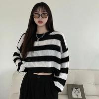 Suéter de estilo coreano con cuello redondo a rayas para mujer, Jersey de punto de colores contrastantes, Tops de punto sueltos de manga larga - details 9