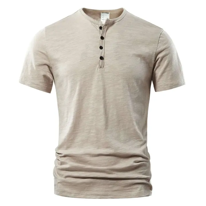 Camiseta casual de manga corta con cuello Henry de verano de alta calidad, camiseta básica de moda para hombre - 1