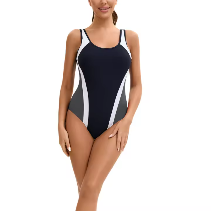 Trajes de baño de una pieza con bloques de color para mujer, trajes de baño de entrenamiento atlético con espalda en U - 1