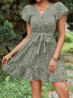 Vestido de manga corta con cuello en V y lazo floral de cintura alta estilo francés de verano para mujer - details 9