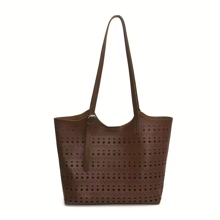 Bolso de mano de gran capacidad para mujer: elegante diseño perforado en blanco y negro, herrajes en tono dorado, correa de hombro desmontable, perfecto para desplazamientos, compras y uso diario, bolso de mano grande - 1