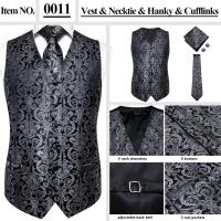 Chaleco ajustado, corbata, bolsillo, gemelos cuadrados, chaleco de seda para hombre, conjunto de corbata para traje, vestido, chalecos florales de cachemira de boda, regalo - details 12
