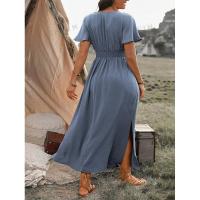 Vestido largo de verano 2024 de color sólido con cuello en V, manga acampanada, cintura elástica, adelgazante y con abertura. - details 20