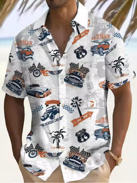 Camisa Casual de Manga Corta con Estampado de Coche Moda Vintage para Hombres - 1