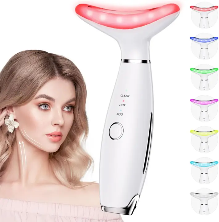 Máquina de Ghana de 7 colores, terapia de luz roja para cuello y cuello, herramienta de masaje de arrugas, masajeador facial vibratorio para barbilla con botella termo, - 1
