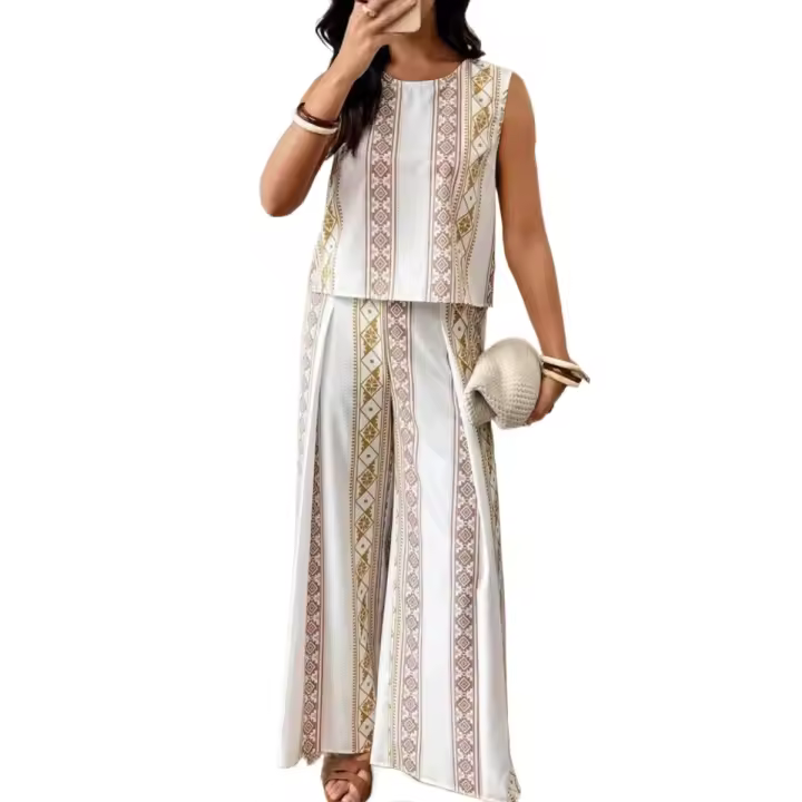 "Conjunto de Verano Mujer 2025 – Blusa Sin Mangas Estampada + Pantalones Holgados, Moda Europea, Fresco y Cómodo" - 1