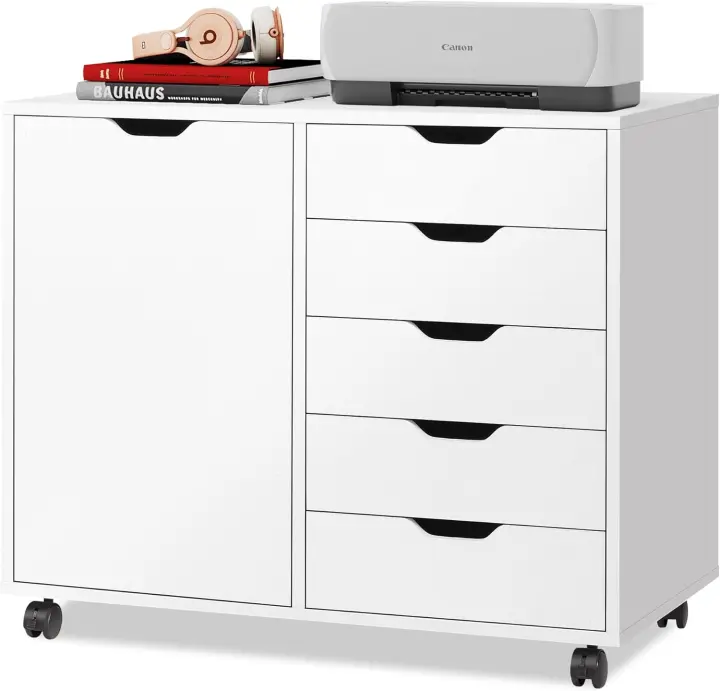 Cómoda de madera de 5 cajones con puerta, gabinete de almacenamiento móvil, soporte para impresora para oficina en casa - 1
