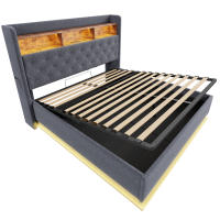 Cama tapizada LED 180 x 200 cm, Cama acolchada con puerto de carga USB y almacenamiento hidráulico, tela de lino agradable para la piel, Gris (Sin colchón) - details 3