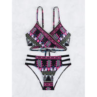 Traje de baño de dos piezas con lazo cruzado frontal para mujer, traje de baño de bikini sexy estampado de estilo étnico - details 33