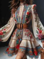 Vestido Bohemio de Estilo Étnico para Mujer Cuello Lanterna, Mangas de Farol, Patrón de Cuadros - details 1