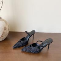 Nuevo temperamento puntiagudo rosa bolsa cabeza media zapatillas mujer malla encaje stiletto tacones altos. - details 23