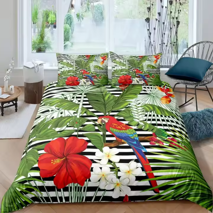 Funda de edredón Juego de funda nórdica con diseño de loro, juego de cama a rayas blancas y negras, funda de edredón con hojas de palma y plantas verdes, funda de edredón de poliéster con animales y pájaros - 1