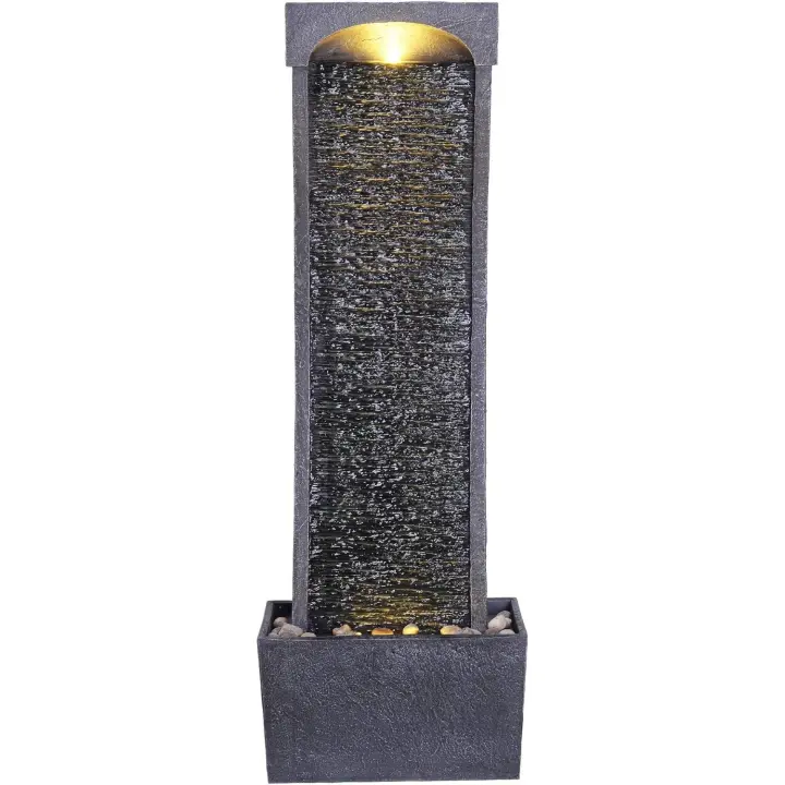 Teamson Home Fuente de Agua Curvada Grande para Jardín y Exteriores, Efecto Pizarra para Interiores, Moderno Adorno de Cascada con Luces y Bomba, Decoración de Patio - 1