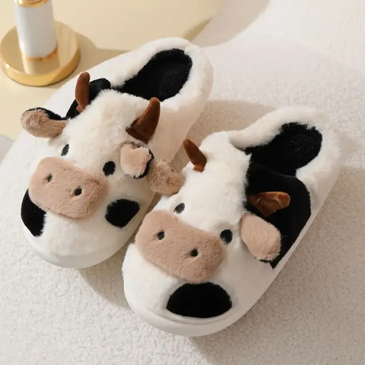 Zapatillas de felpa de vaca dibujadas suaves, calidez de invierno, hogar antideslizante unisex para parejas - 1