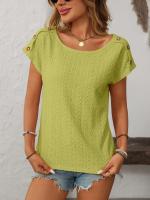 Camiseta de manga corta con botones y cuello redondo para mujer, Top hueco, Color sólido, novedad de primavera y verano 2025 - details 16