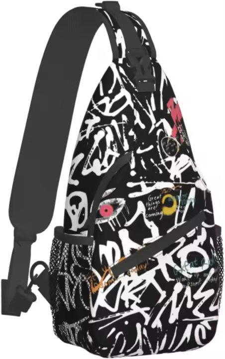 Bolsos de pecho Unisex, mochila cruzada, mochila de viaje, senderismo, mochila de día, bolso cruzado para hombres, Graffiti, negro - 1
