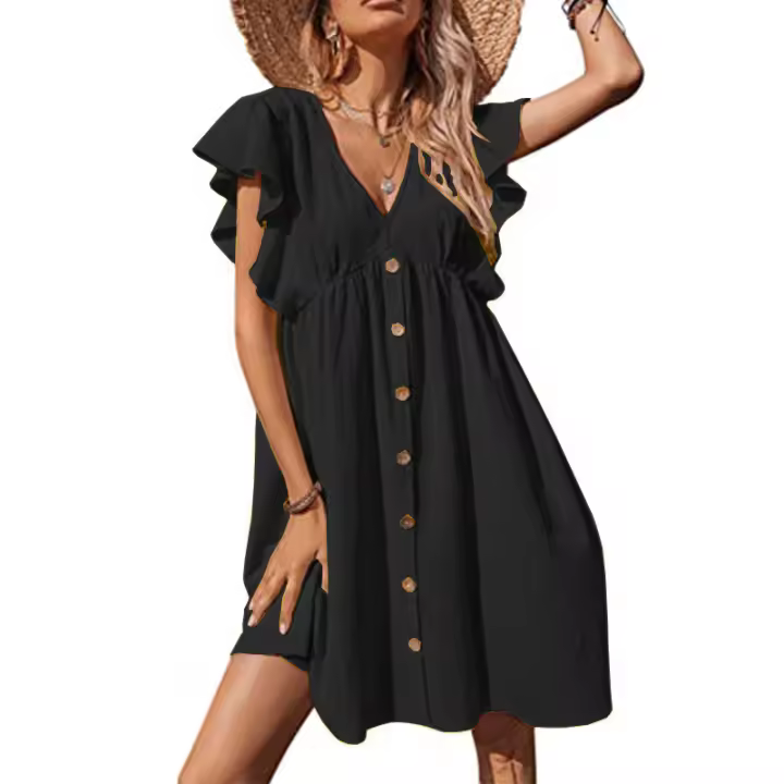 Vestido de manga casual con cuello en V para mujer, TRE de bolsillo corto, mini vestido de verano - 1