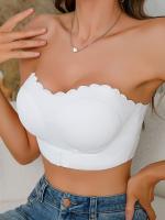 Sujetador sin costuras con borde ondulado para mujer - Cierre frontal, inalámbrico, cobertura completa, color blanco sólido, mezcla de nailon suave y elastano, cómodo sujetador de uso diario con almohadillas extraíbles. - details 3