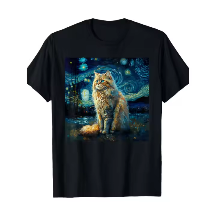 Camiseta de algodón negra para hombre - Camiseta Van Gogh Starry Cat, diseñada para amantes de los gatos, mamás y papás felinos - 100 % algodón - 1