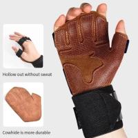 Guantes de piel de vaca para levantamiento de pesas, antideslizantes, transpirables, ventilados, pulsera para gimnasio, dominadas, guantes de entrenamiento para Fitness, 1 par - details 8