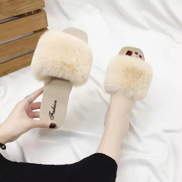 Zapatillas peludas a la moda para mujer, pantuflas peludas de Color sólido versátiles a la moda para Instagram, para interiores y exteriores, otoño/invierno, 2023 - 1